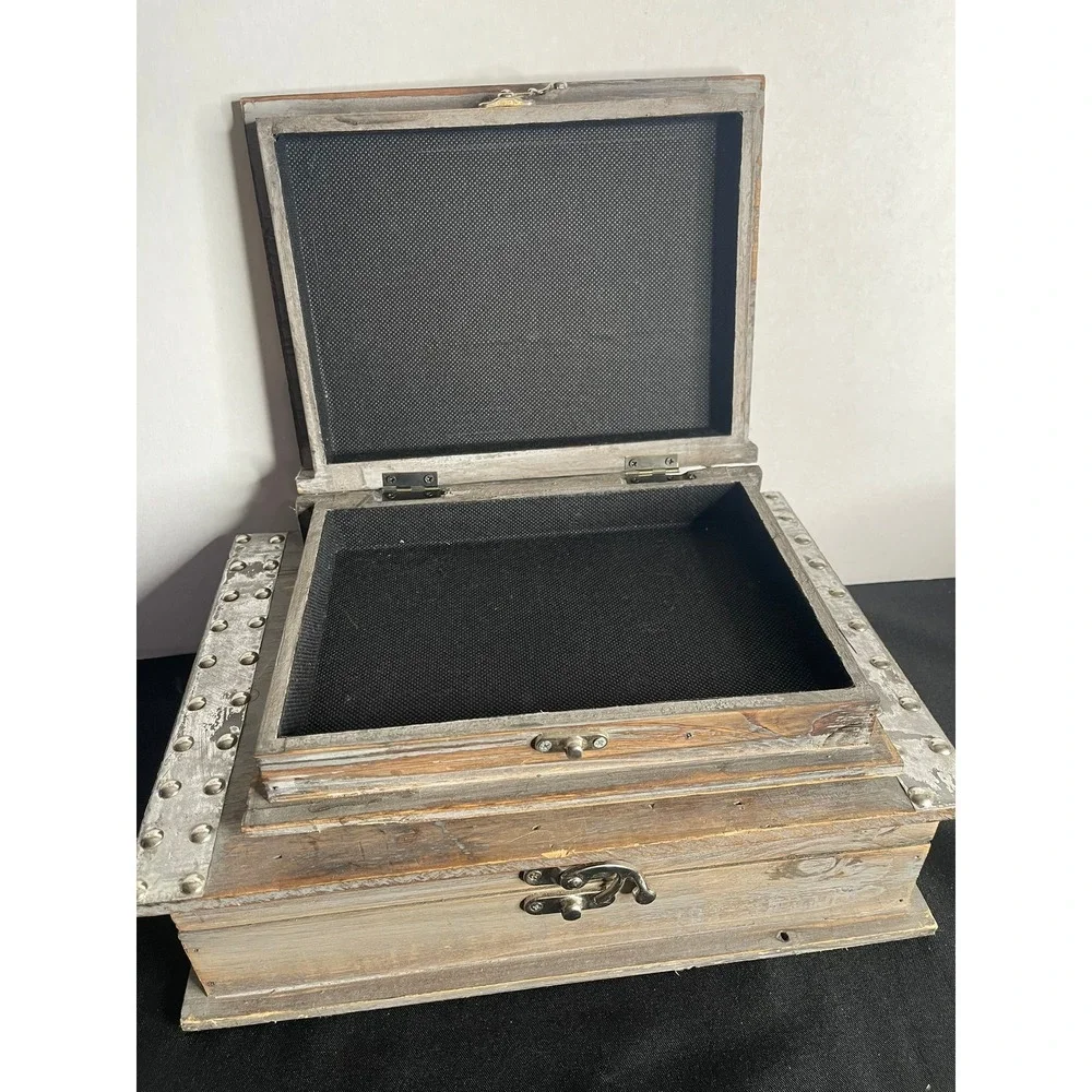 Rustic Wooden Book Box Set 2pc Industrial Metal Stud Decorative Storage Trunks‎